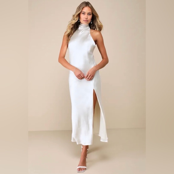 Lulus Dresses & Skirts - Satin High-Neck Midi Dress with Side Slit - Ivory